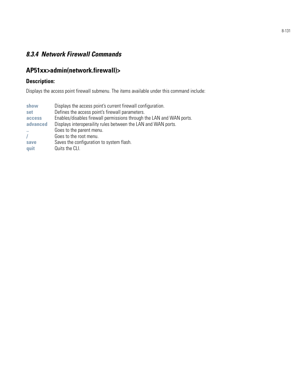 Network firewall commands -131 | Motorola AP-51XX User Manual | Page 465 / 698