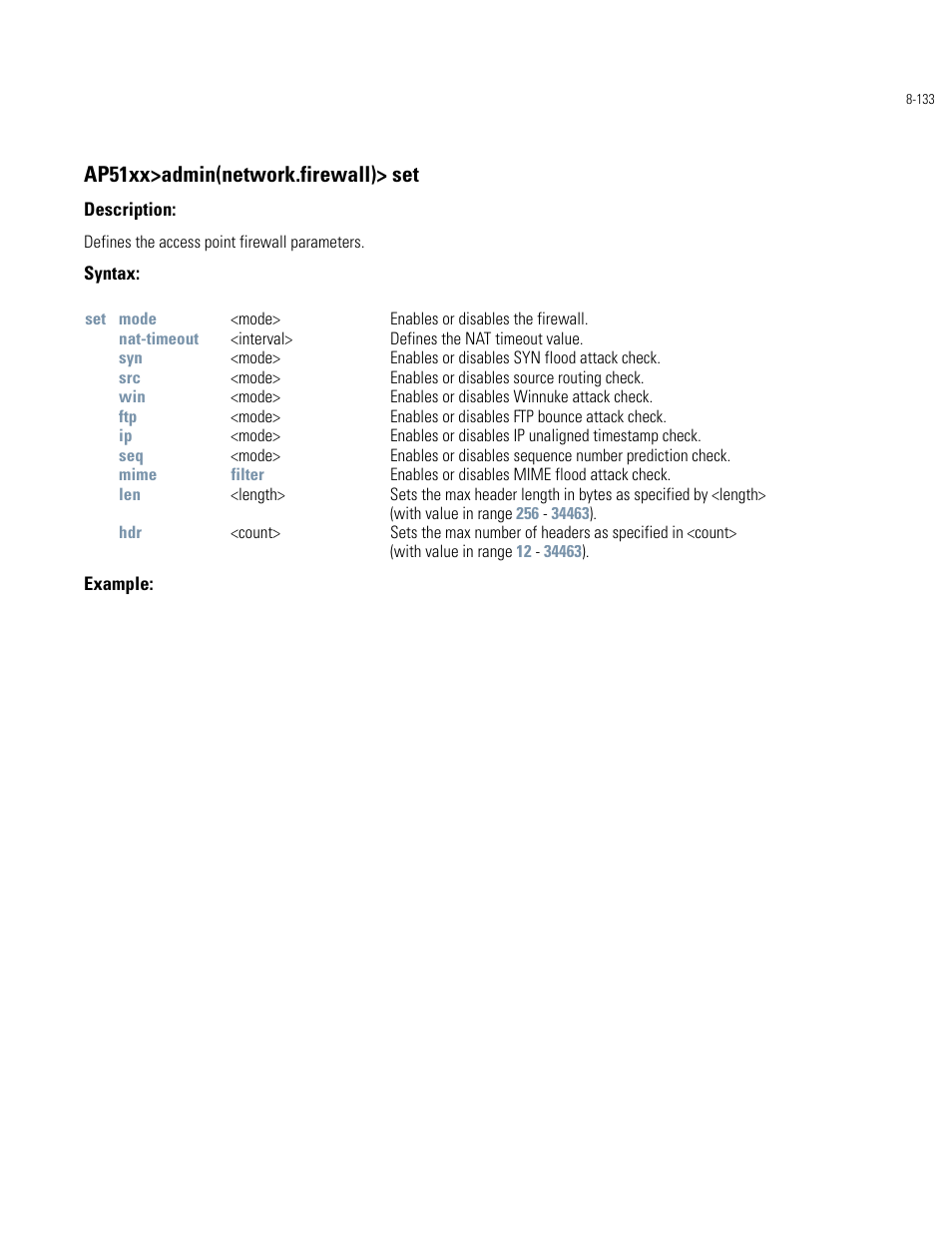 Ap51xx>admin(network.firewall)> set | Motorola AP-51XX User Manual | Page 467 / 698