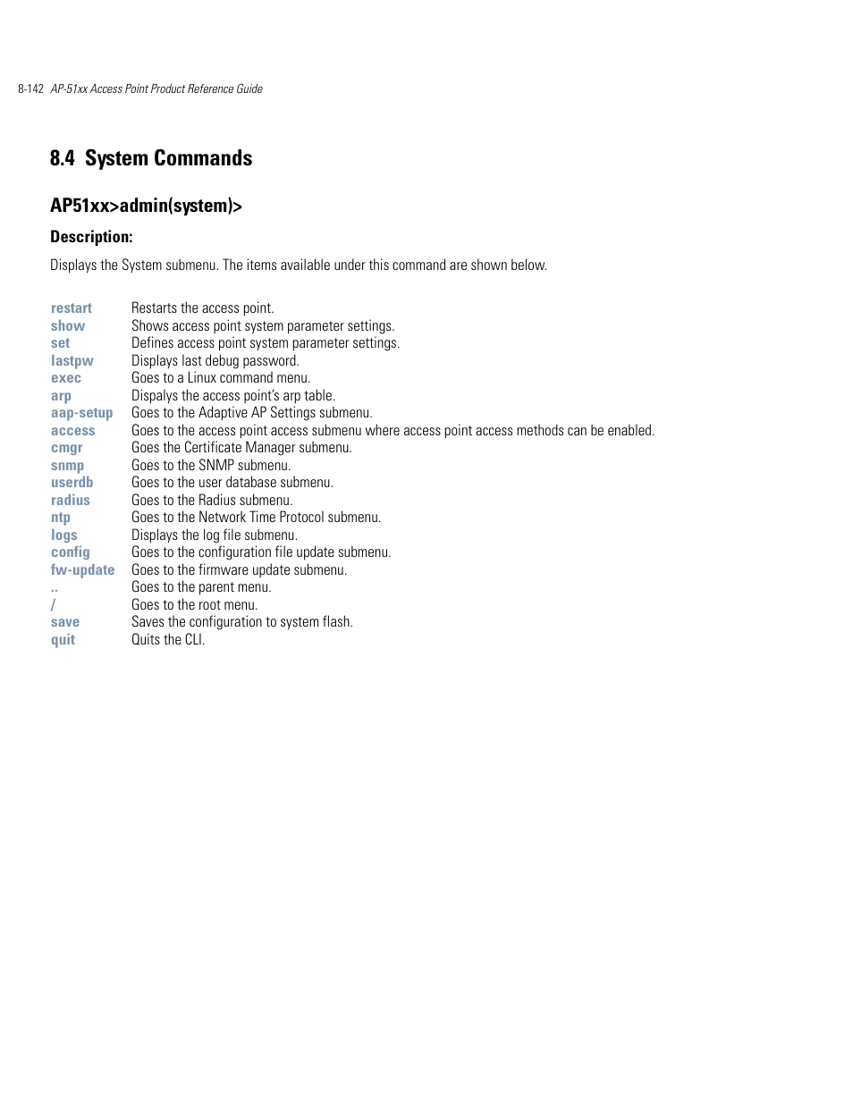 System commands -142, 4 system commands, Ap51xx>admin(system) | Motorola AP-51XX User Manual | Page 476 / 698