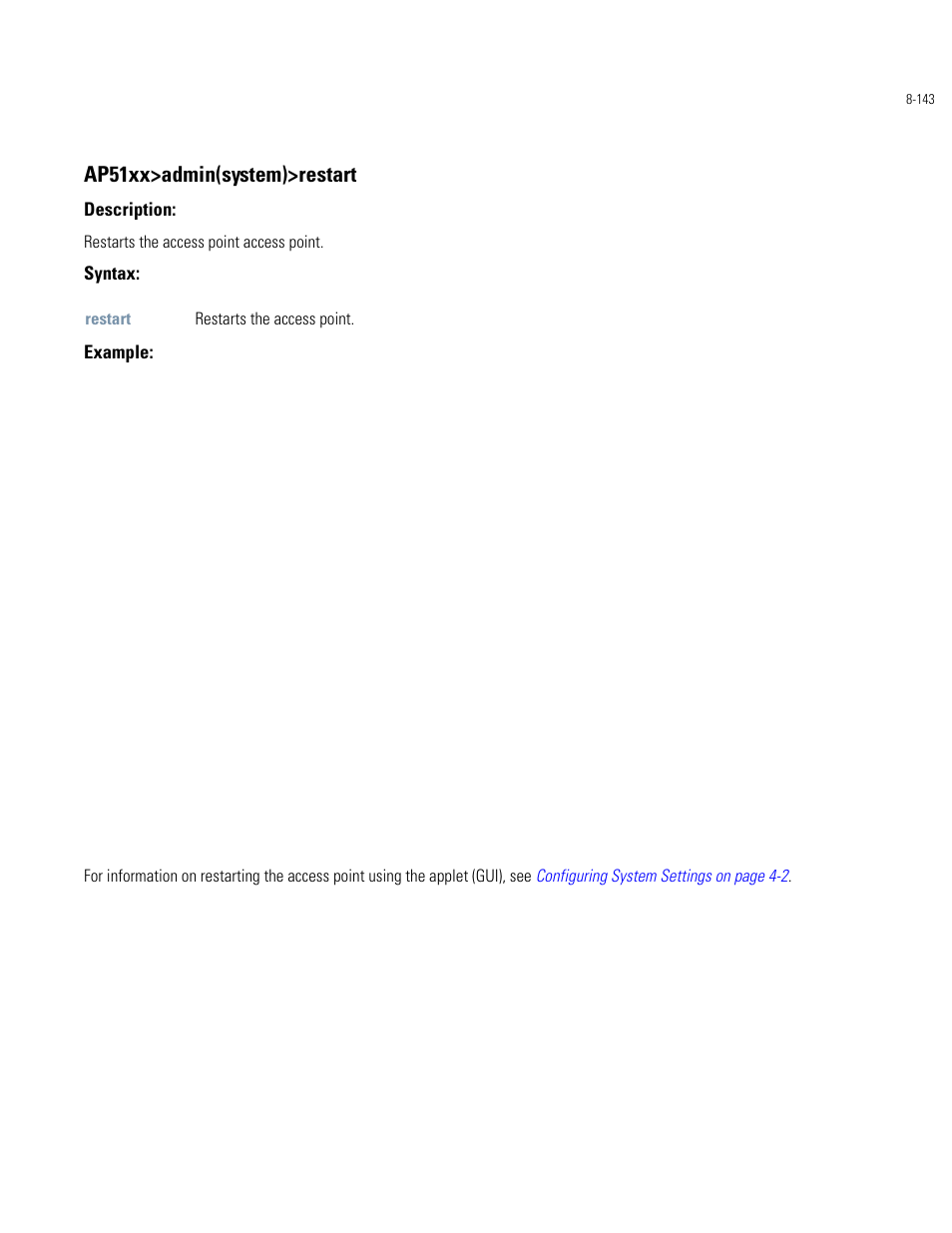 Ap51xx>admin(system)>restart | Motorola AP-51XX User Manual | Page 477 / 698