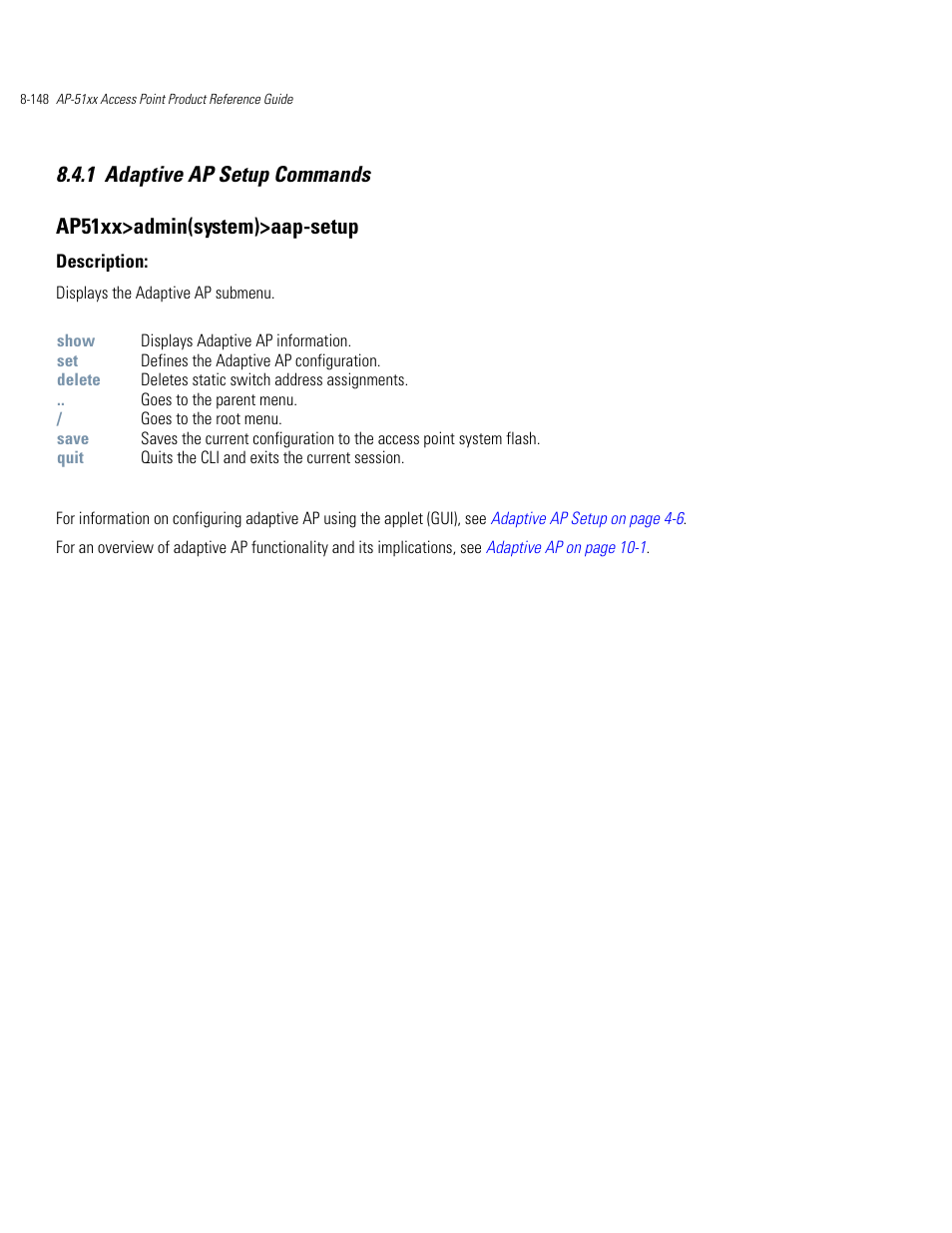 Adaptive ap setup commands -148 | Motorola AP-51XX User Manual | Page 482 / 698