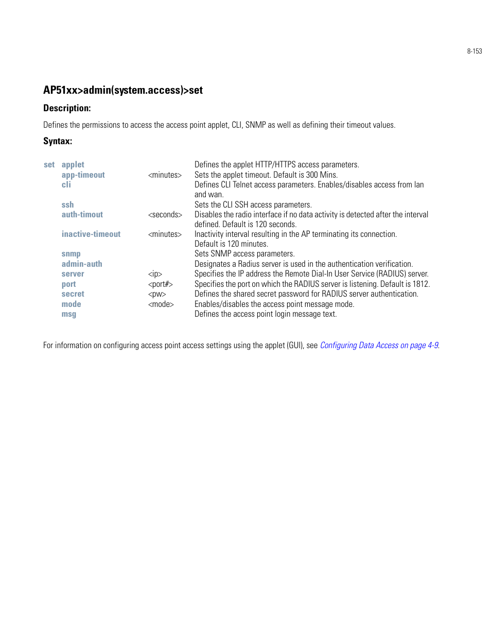 Ap51xx>admin(system.access)>set | Motorola AP-51XX User Manual | Page 487 / 698