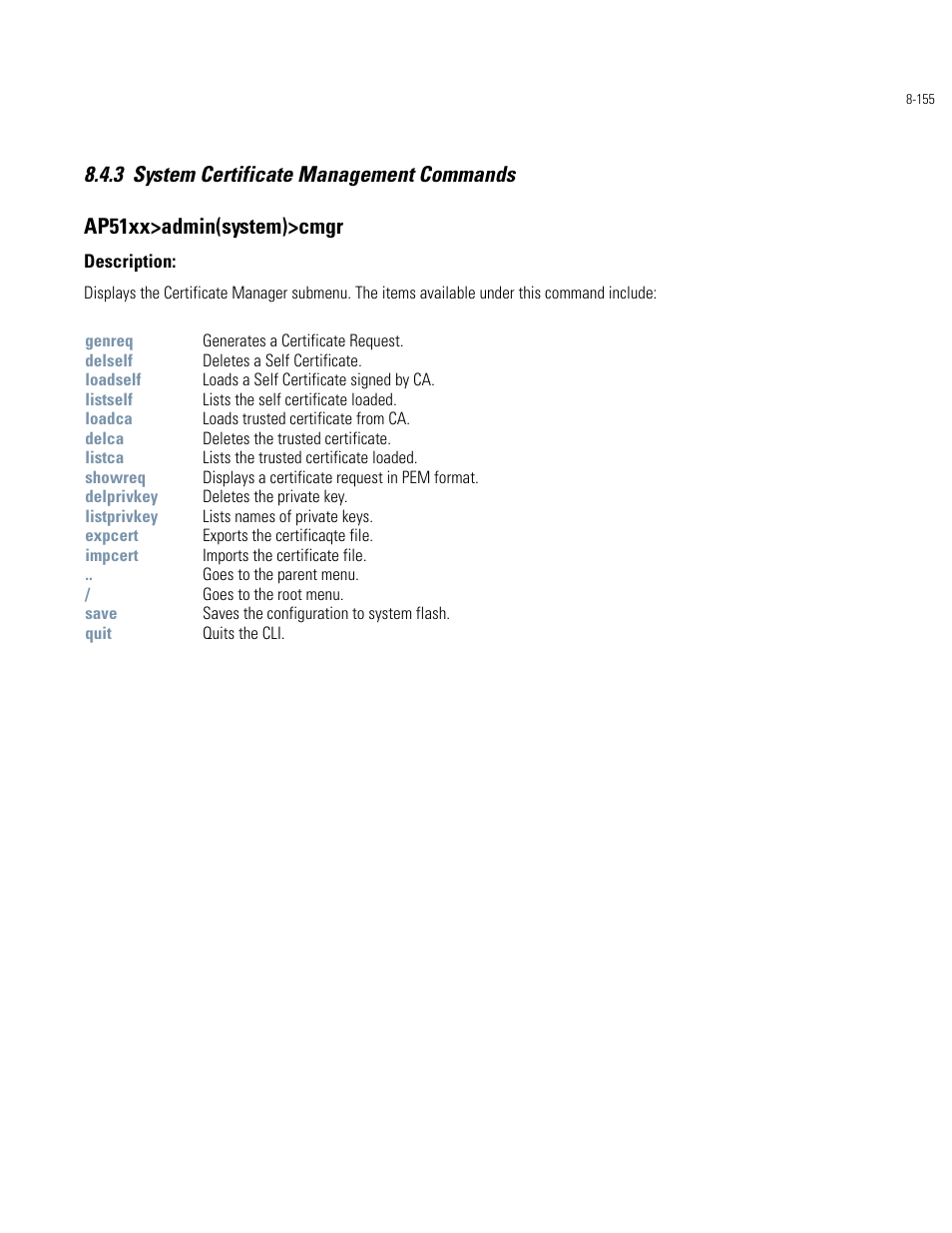 System certificate management commands -155 | Motorola AP-51XX User Manual | Page 489 / 698