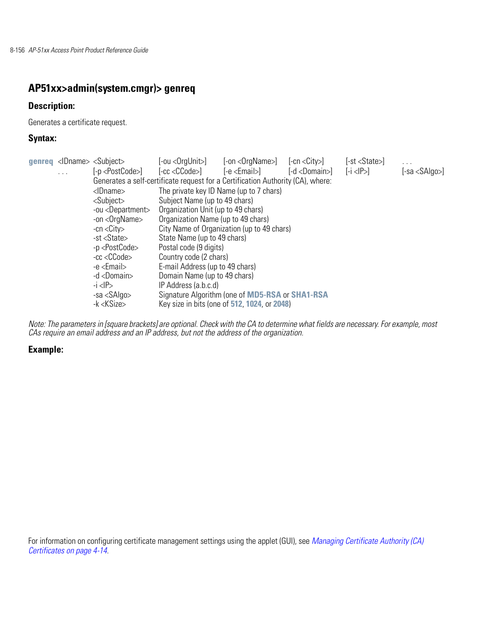 Ap51xx>admin(system.cmgr)> genreq | Motorola AP-51XX User Manual | Page 490 / 698