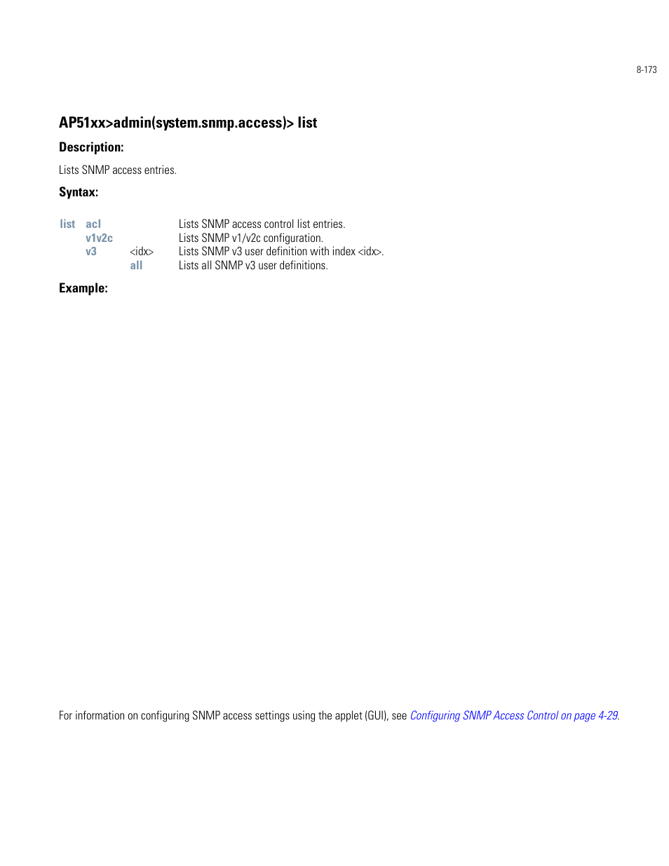 Ap51xx>admin(system.snmp.access)> list | Motorola AP-51XX User Manual | Page 507 / 698