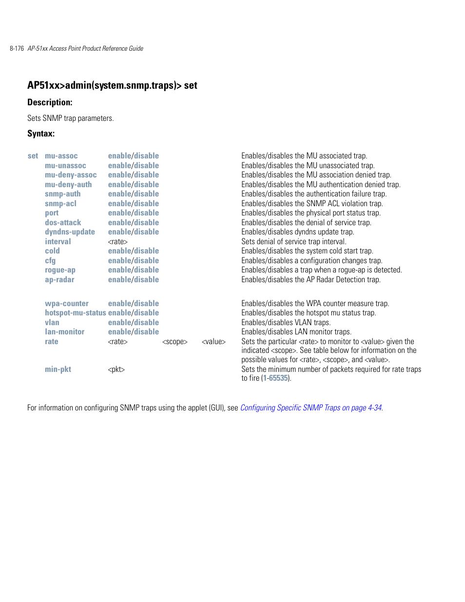 Ap51xx>admin(system.snmp.traps)> set | Motorola AP-51XX User Manual | Page 510 / 698