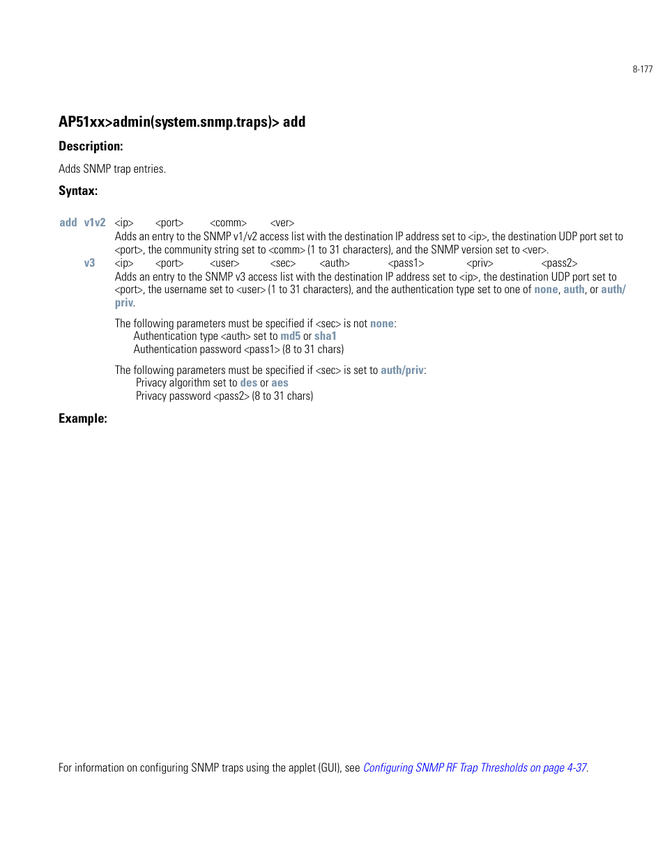 Ap51xx>admin(system.snmp.traps)> add | Motorola AP-51XX User Manual | Page 511 / 698