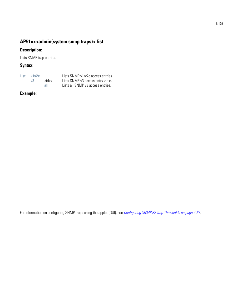 Ap51xx>admin(system.snmp.traps)> list | Motorola AP-51XX User Manual | Page 513 / 698