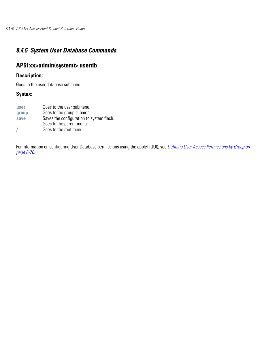 System user database commands -180 | Motorola AP-51XX User Manual | Page 514 / 698