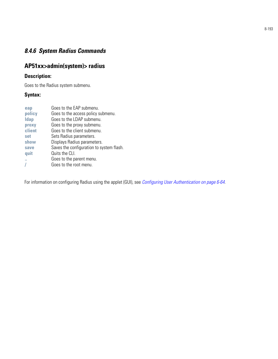 System radius commands -193 | Motorola AP-51XX User Manual | Page 527 / 698