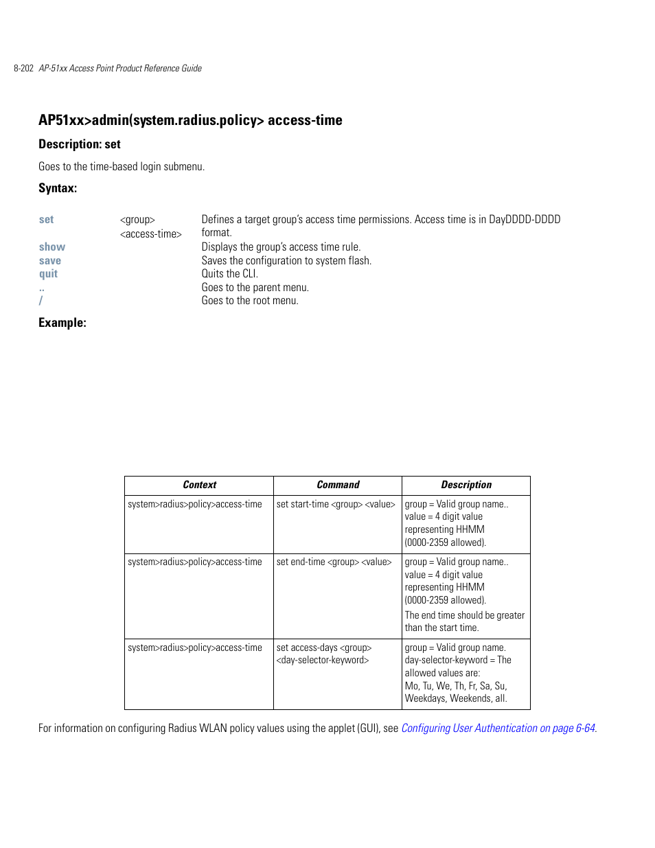 Ap51xx>admin(system.radius.policy> access-time | Motorola AP-51XX User Manual | Page 536 / 698