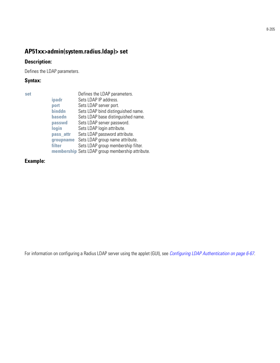 Ap51xx>admin(system.radius.ldap)> set | Motorola AP-51XX User Manual | Page 539 / 698