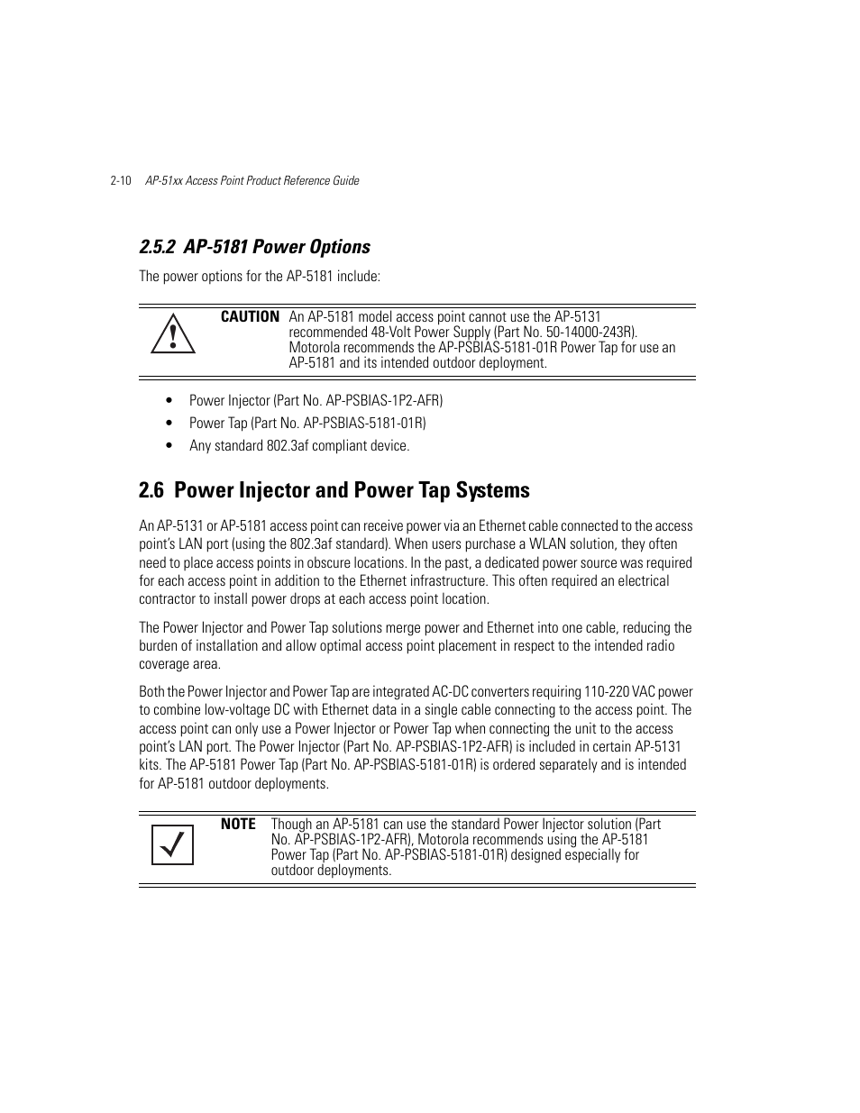 2 ap-5181 power options, 6 power injector and power tap systems, Ap-5181 power options -10 | Power injector and power tap systems -10, Power injector and power tap, Power injector and power tap systems | Motorola AP-51XX User Manual | Page 54 / 698