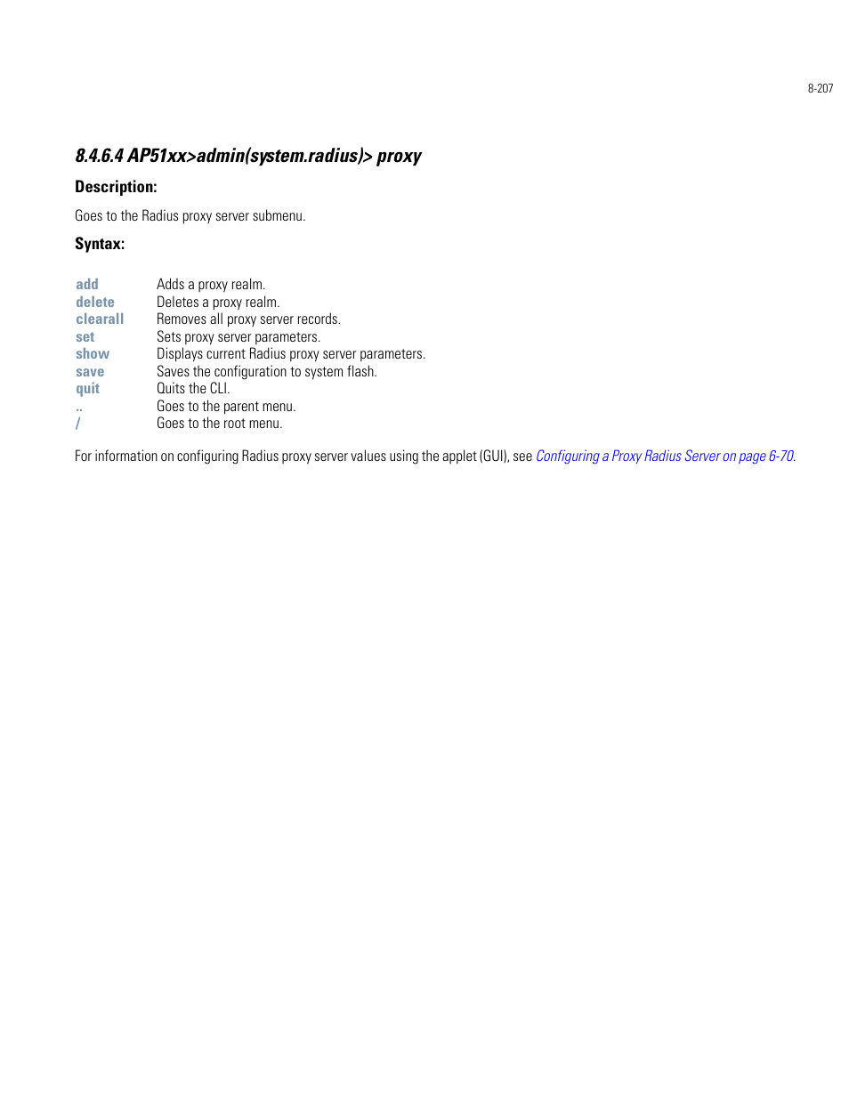 4 ap51xx>admin(system.radius)> proxy | Motorola AP-51XX User Manual | Page 541 / 698