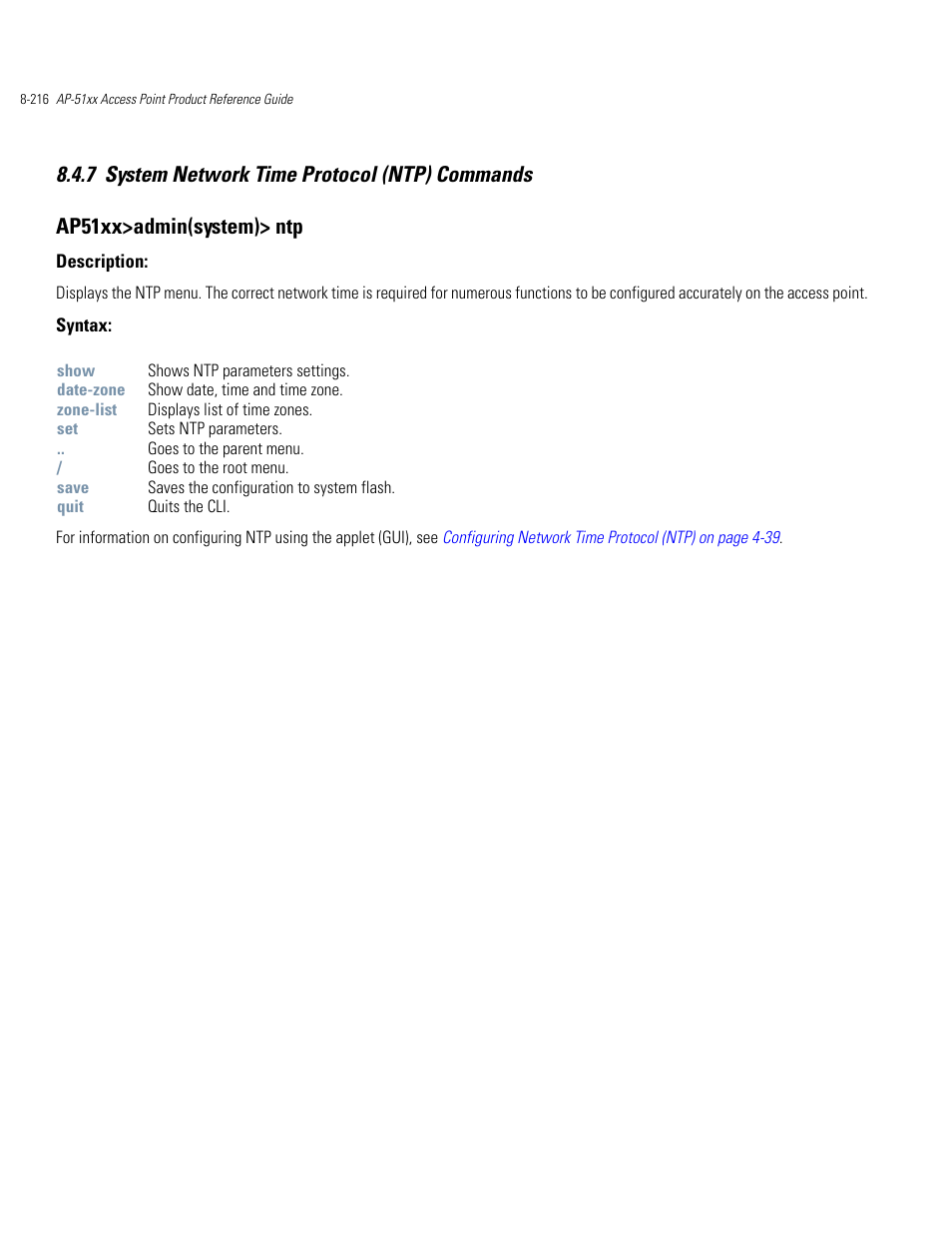 System network time protocol (ntp) commands -216 | Motorola AP-51XX User Manual | Page 550 / 698