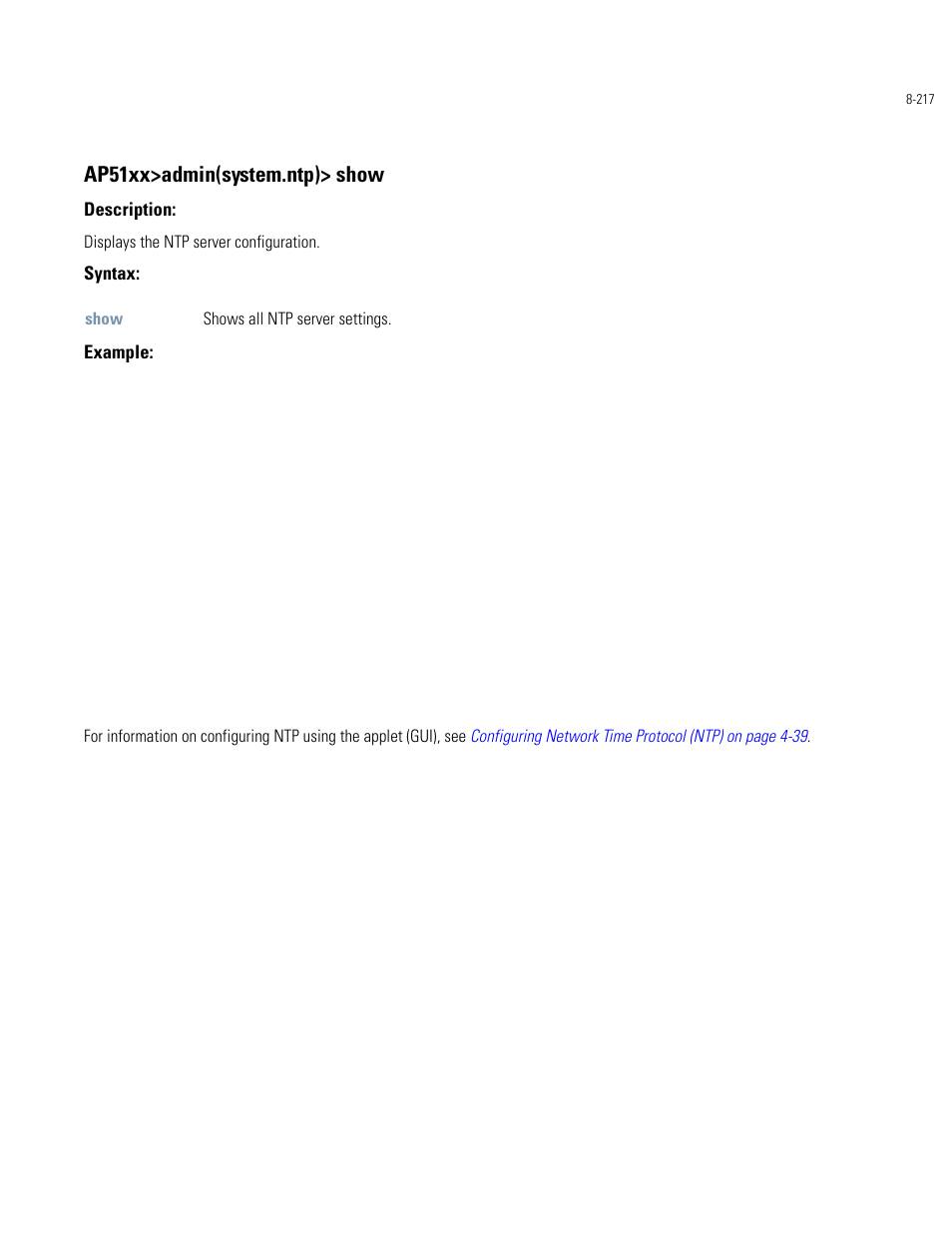 Ap51xx>admin(system.ntp)> show | Motorola AP-51XX User Manual | Page 551 / 698