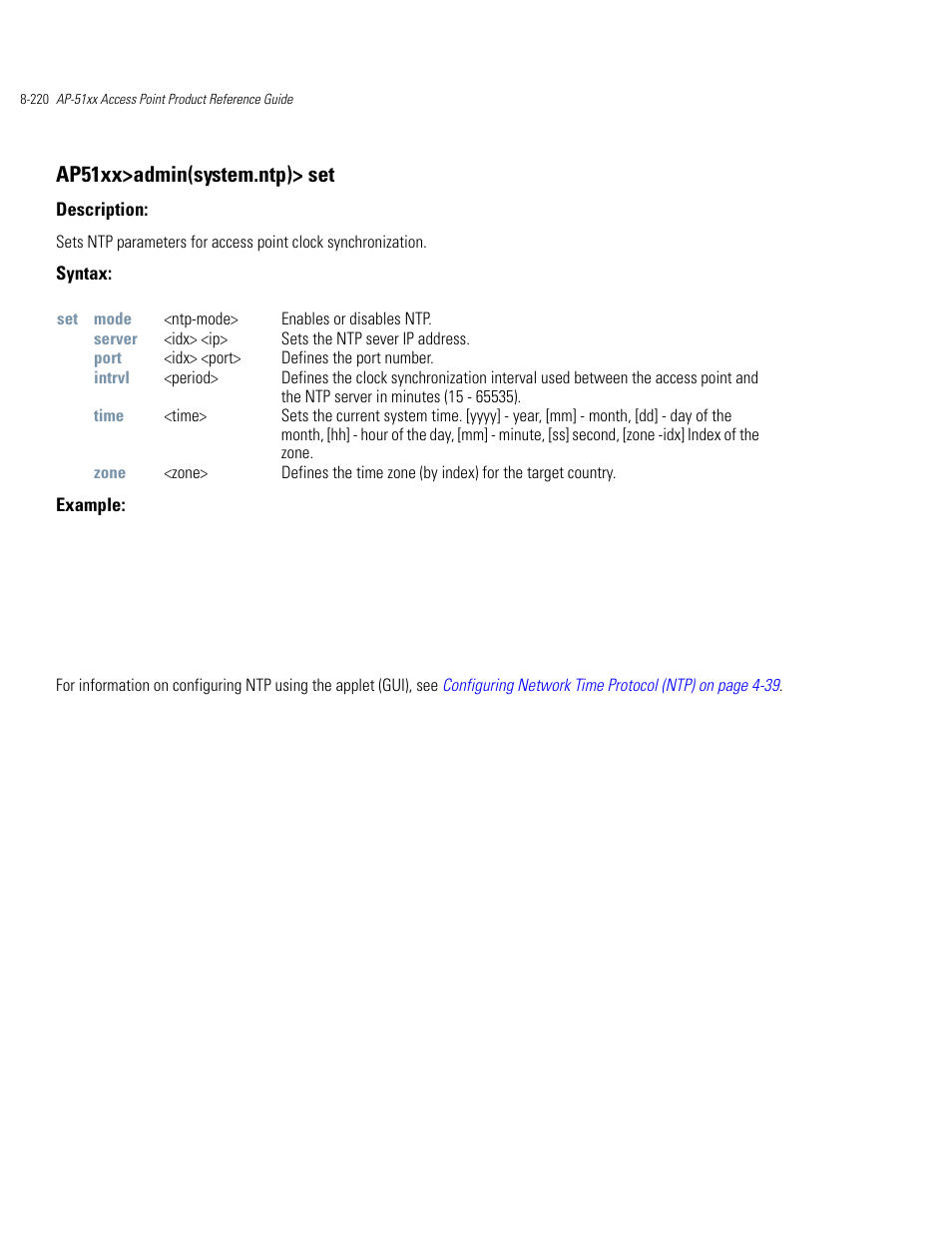 Ap51xx>admin(system.ntp)> set | Motorola AP-51XX User Manual | Page 554 / 698