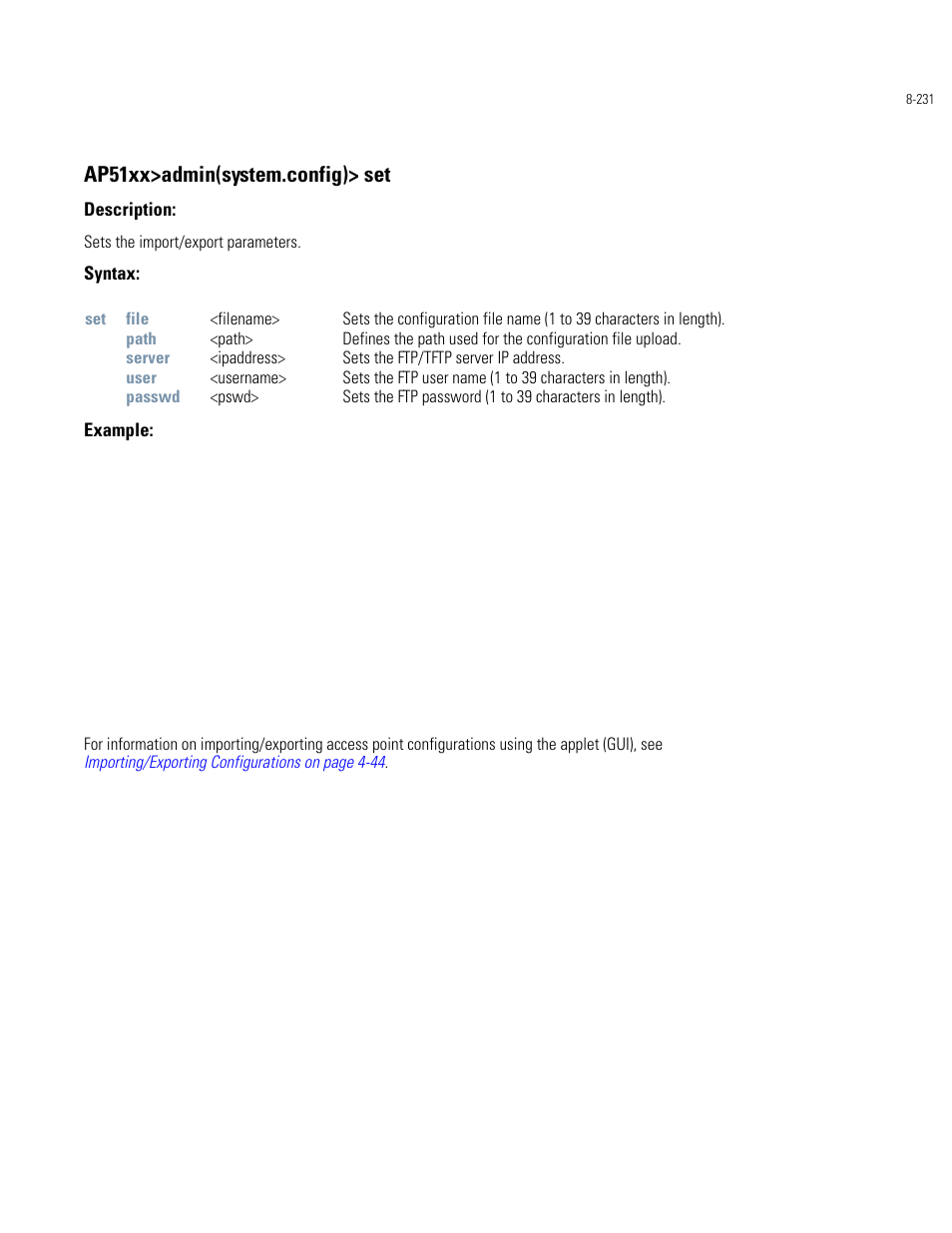 Ap51xx>admin(system.config)> set | Motorola AP-51XX User Manual | Page 565 / 698