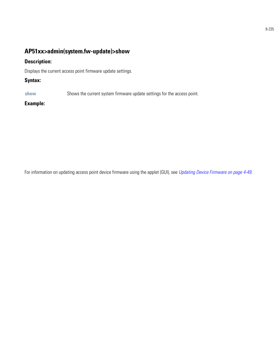 Ap51xx>admin(system.fw-update)>show | Motorola AP-51XX User Manual | Page 569 / 698