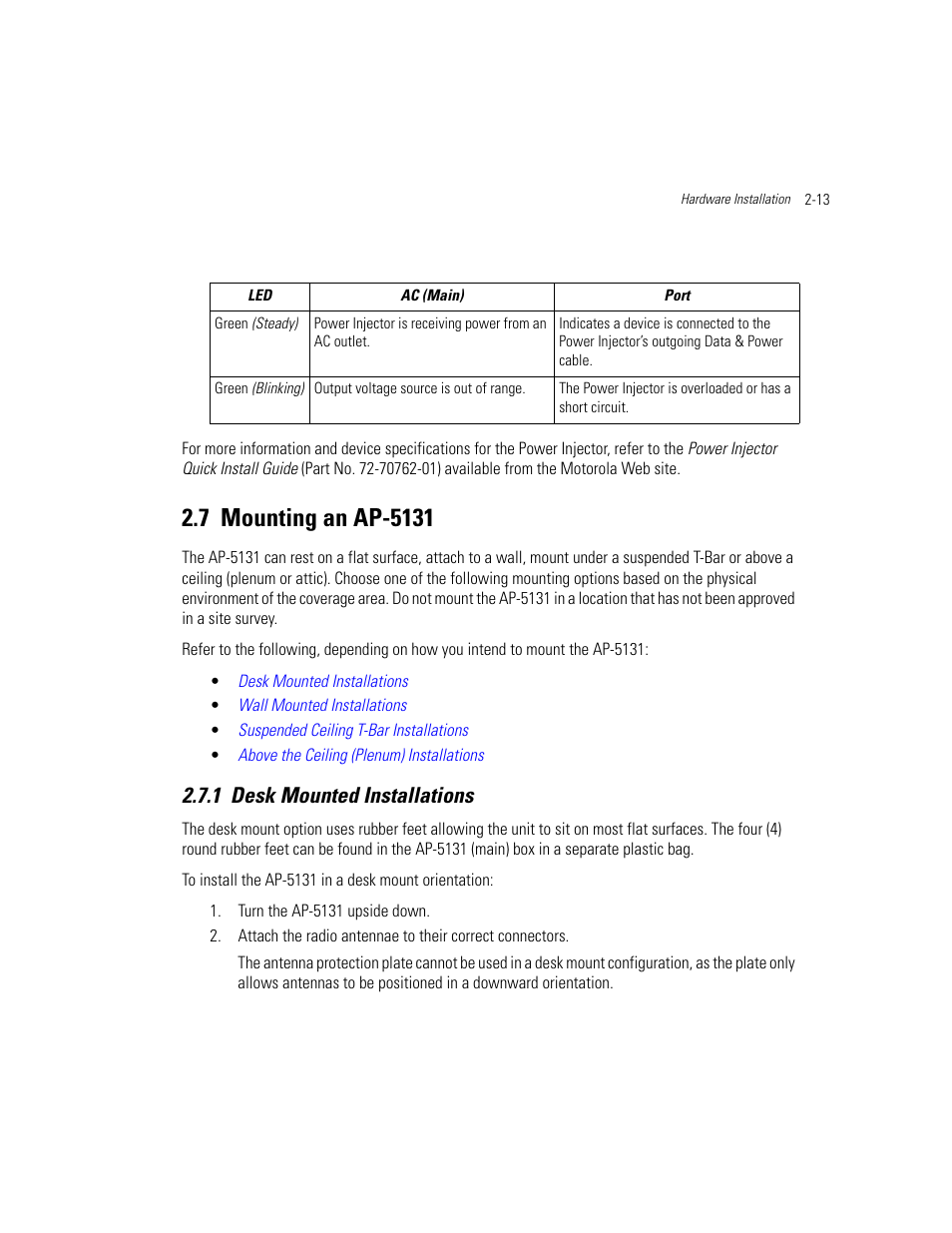 7 mounting an ap-5131, 1 desk mounted installations, Mounting an ap-5131 -13 | Desk mounted installations -13, Mounting an ap-5131 | Motorola AP-51XX User Manual | Page 57 / 698