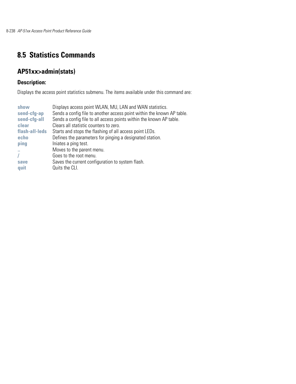 Statistics commands -238, 5 statistics commands, Ap51xx>admin(stats) | Motorola AP-51XX User Manual | Page 572 / 698