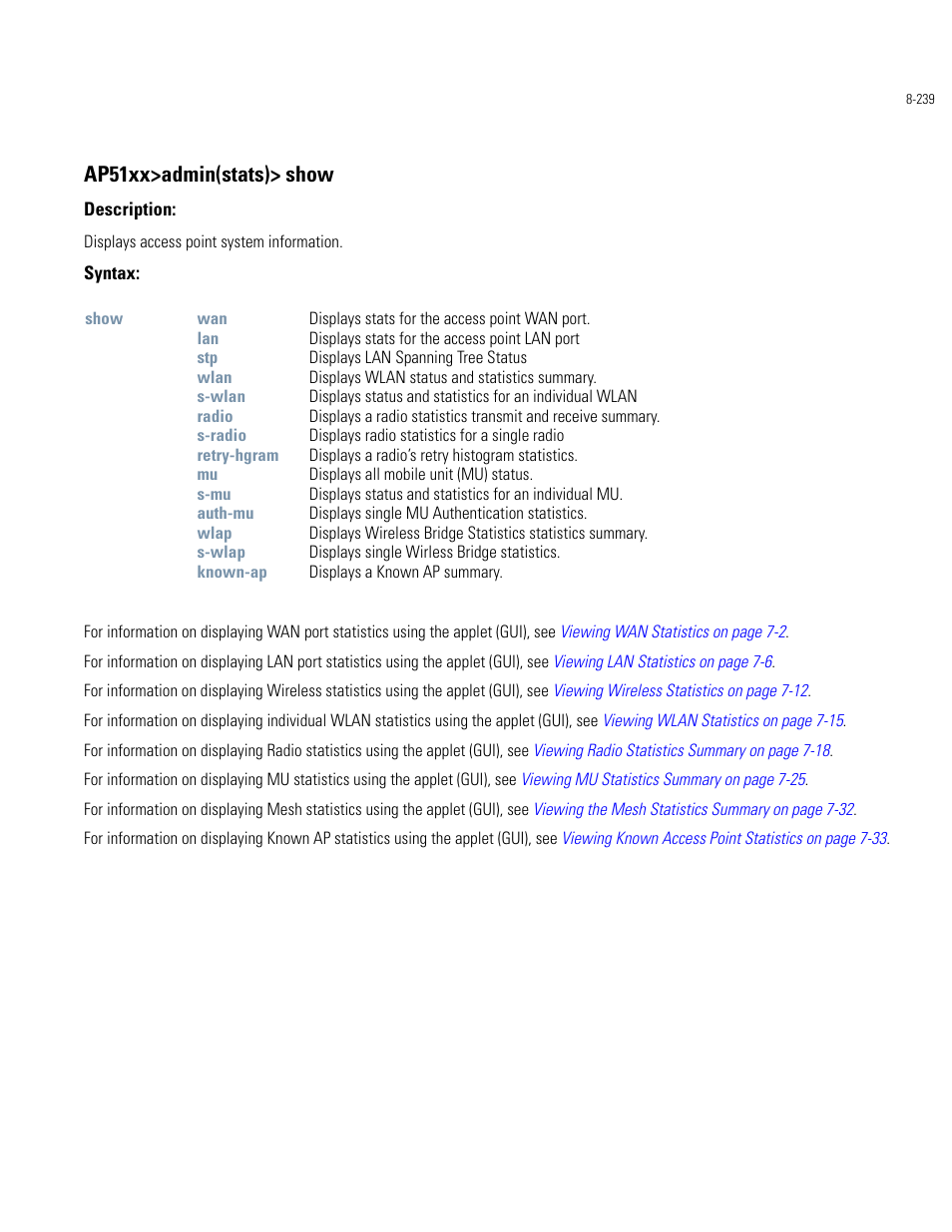 Ap51xx>admin(stats)> show | Motorola AP-51XX User Manual | Page 573 / 698