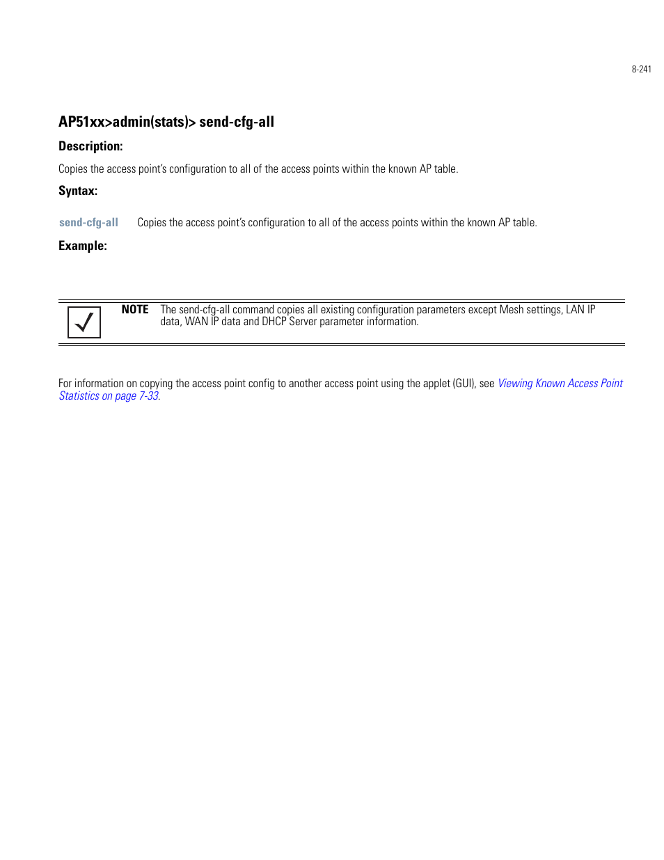 Ap51xx>admin(stats)> send-cfg-all | Motorola AP-51XX User Manual | Page 575 / 698