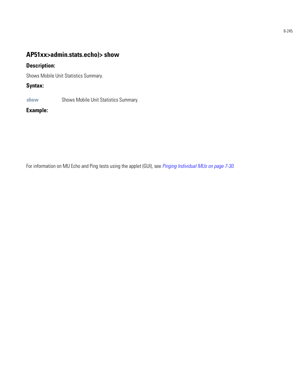 Ap51xx>admin.stats.echo)> show | Motorola AP-51XX User Manual | Page 579 / 698