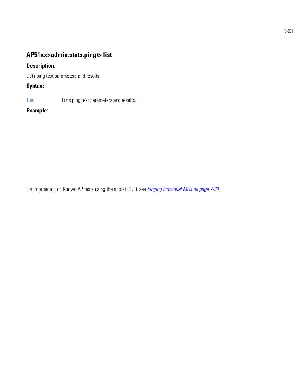 Ap51xx>admin.stats.ping)> list | Motorola AP-51XX User Manual | Page 585 / 698