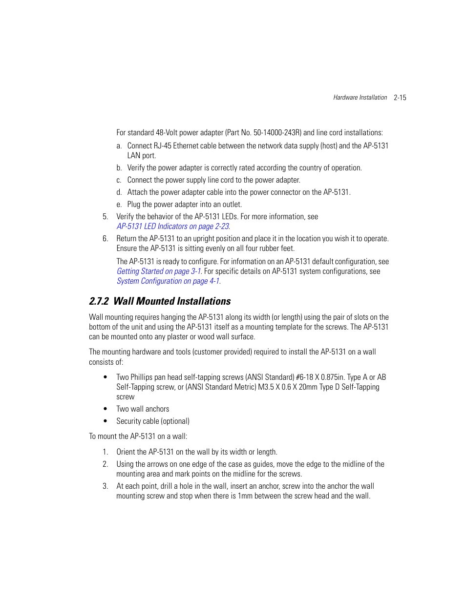 2 wall mounted installations, Wall mounted installations -15, Wall mounted installations | Motorola AP-51XX User Manual | Page 59 / 698