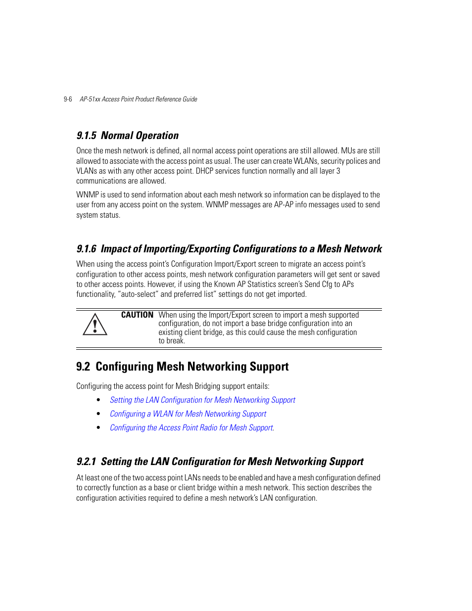 5 normal operation, 2 configuring mesh networking support, Configuring mesh networking support -6 | Cess point as a root bridge, see, Setting the lan, Setting the lan configuration for mesh networking, Setting the lan configuration for mesh, The 8 | Motorola AP-51XX User Manual | Page 594 / 698