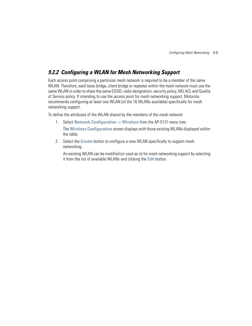 2 configuring a wlan for mesh networking support, Configuring a wlan for mesh networking support -9, Configuring a wlan for mesh networking | Configuring a wlan for mesh networking support | Motorola AP-51XX User Manual | Page 597 / 698