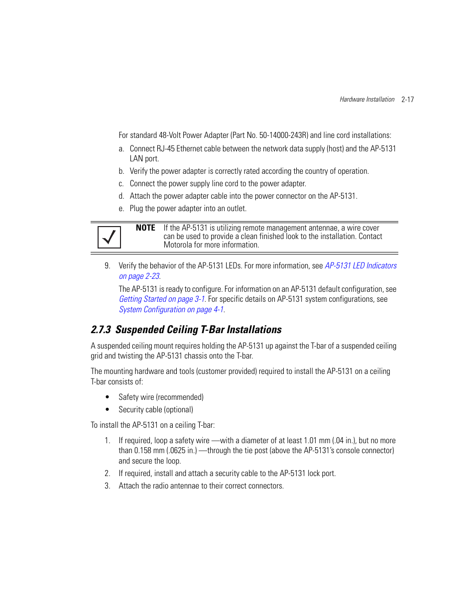 3 suspended ceiling t-bar installations, Suspended ceiling t-bar installations -17, Suspended ceiling t-bar installations | Motorola AP-51XX User Manual | Page 61 / 698