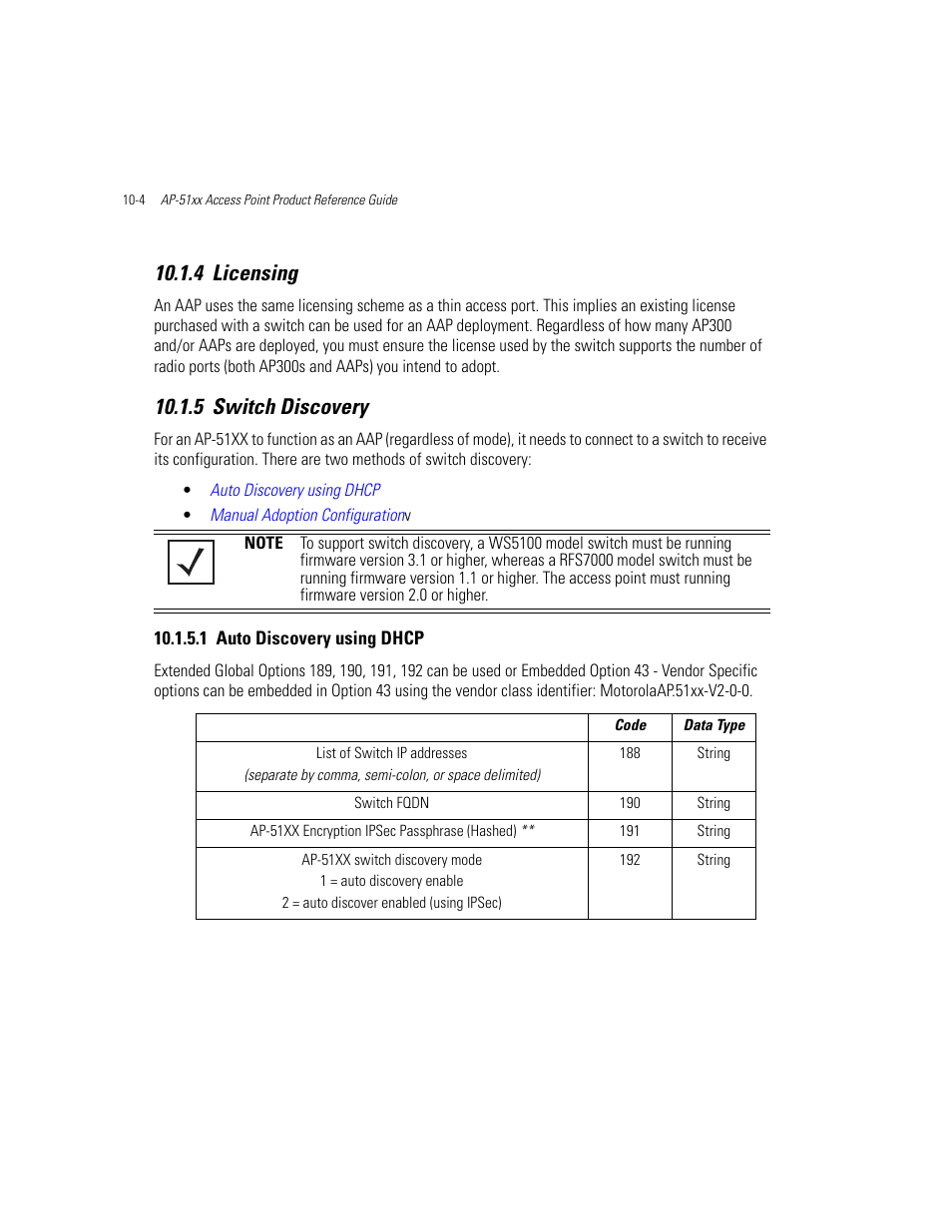 4 licensing, 5 switch discovery, 1 auto discovery using dhcp | Licensing -4 switch discovery -4, Auto discovery using dhcp -4, Licensing, Switch discovery | Motorola AP-51XX User Manual | Page 632 / 698