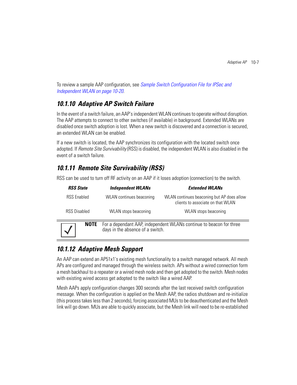 10 adaptive ap switch failure, 11 remote site survivability (rss), 12 adaptive mesh support | Adaptive ap switch failure, Remote site survivability (rss), Adaptive mesh support | Motorola AP-51XX User Manual | Page 635 / 698