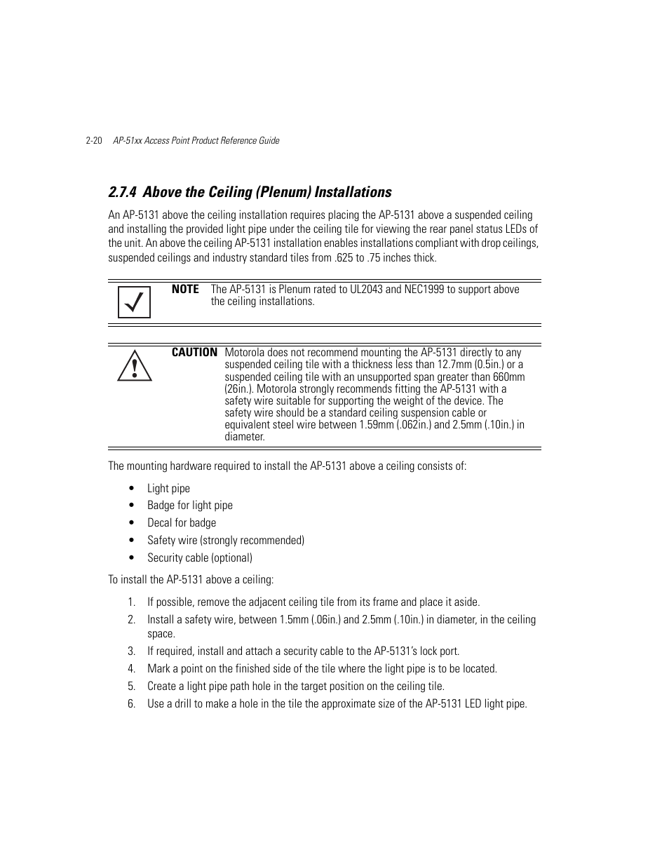 4 above the ceiling (plenum) installations, Above the ceiling (plenum) installations -20, Above the ceiling (plenum) installations | Motorola AP-51XX User Manual | Page 64 / 698