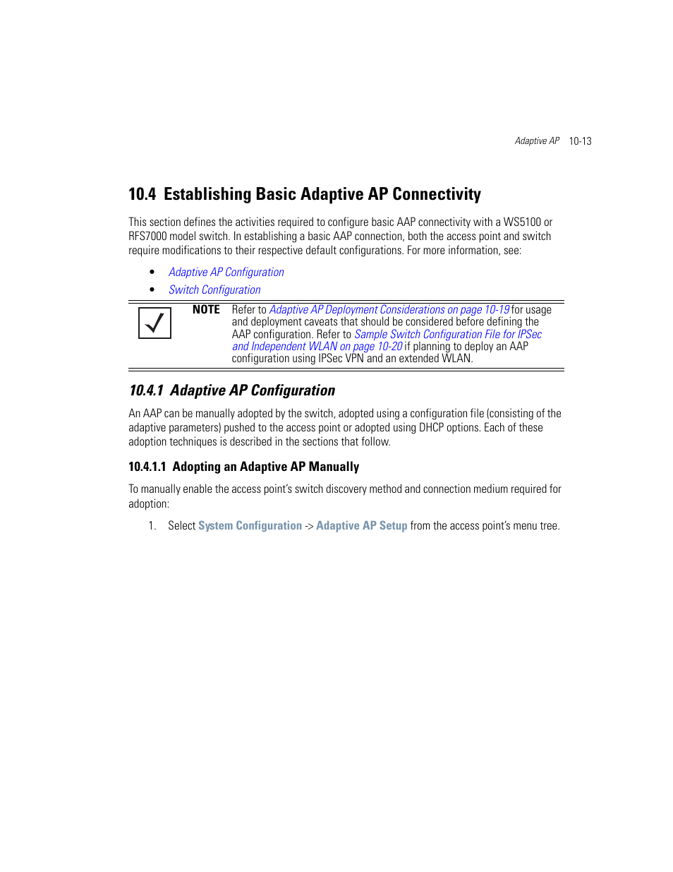 4 establishing basic adaptive ap connectivity, 1 adaptive ap configuration, 1 adopting an adaptive ap manually | Establishing basic adaptive ap connectivity -13, Adaptive ap configuration -13, Adopting an adaptive ap manually -13 | Motorola AP-51XX User Manual | Page 641 / 698