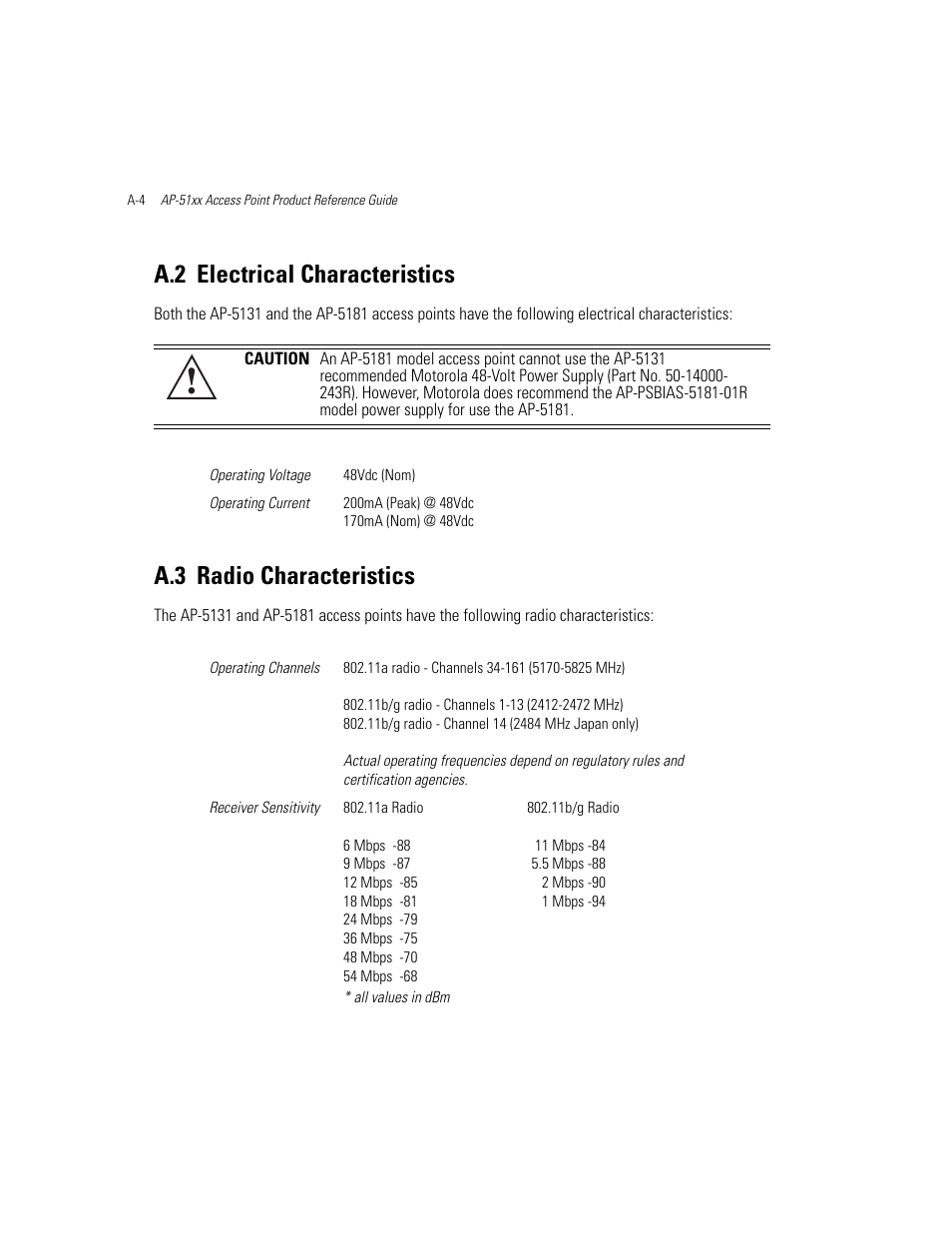 A.2 electrical characteristics, A.3 radio characteristics, Electrical characteristics | Radio characteristics | Motorola AP-51XX User Manual | Page 658 / 698