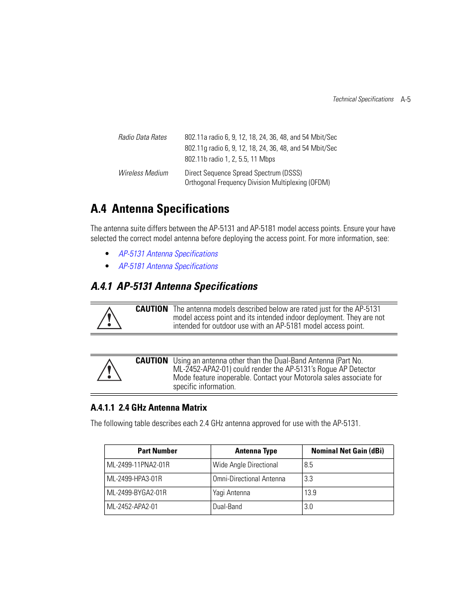 A.4 antenna specifications, A.4.1 ap-5131 antenna specifications, A.4.1.1 2.4 ghz antenna matrix | 4 ghz antenna matrix on, Antenna specifications | Motorola AP-51XX User Manual | Page 659 / 698