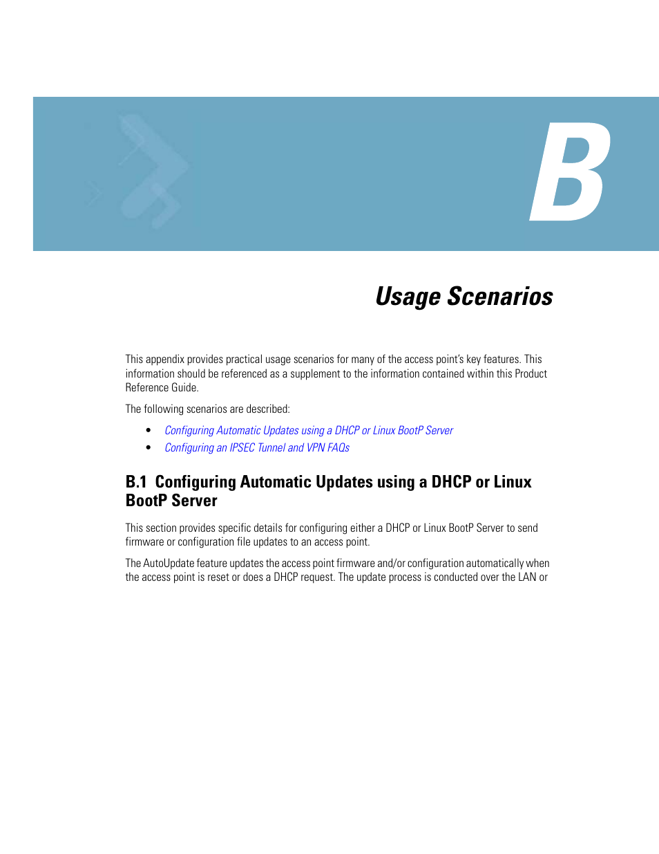 Appendix b usage scenarios, Appendix b. usage scenarios, Usage scenarios | Motorola AP-51XX User Manual | Page 667 / 698