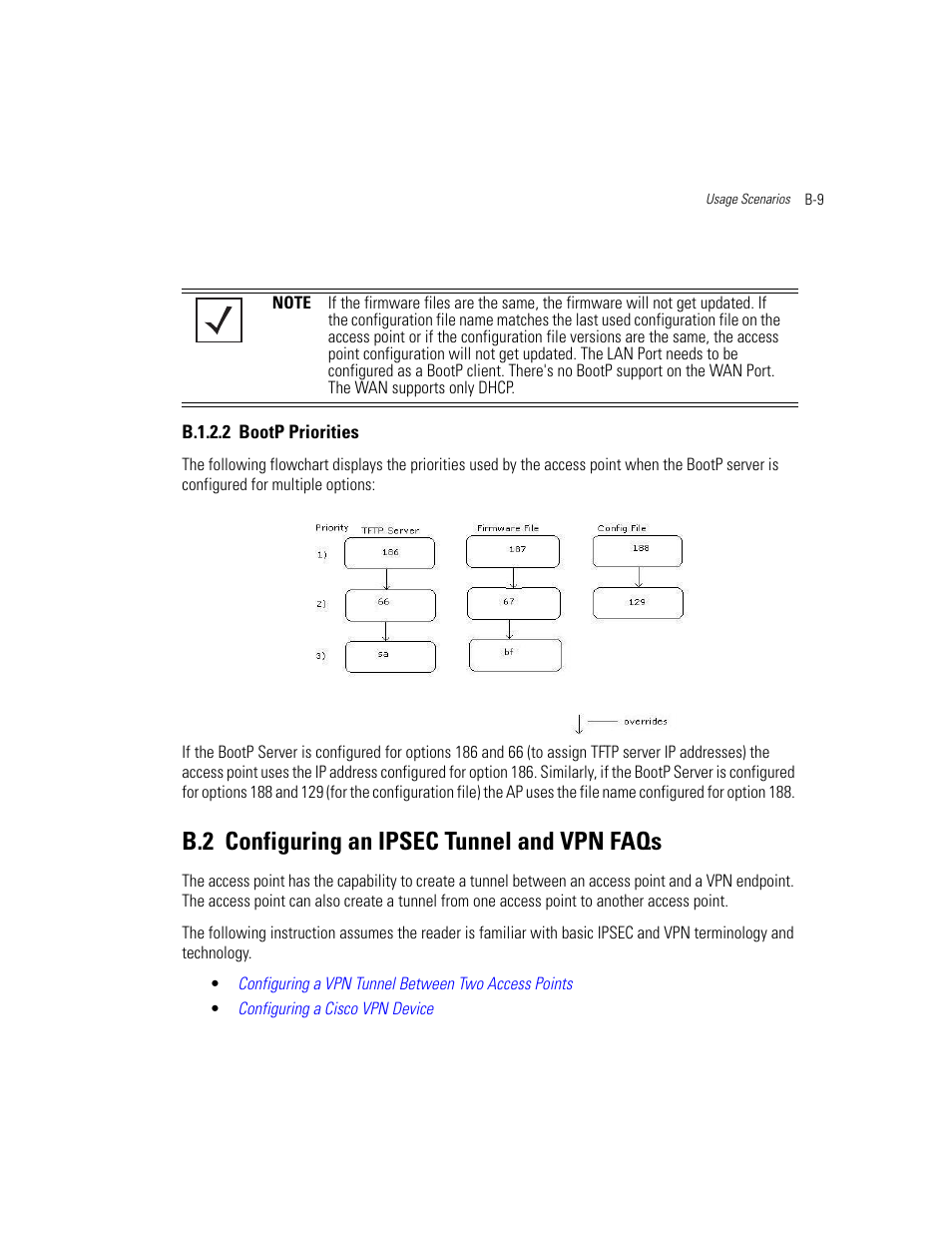 B.1.2.2 bootp priorities, B.2 configuring an ipsec tunnel and vpn faqs | Motorola AP-51XX User Manual | Page 675 / 698