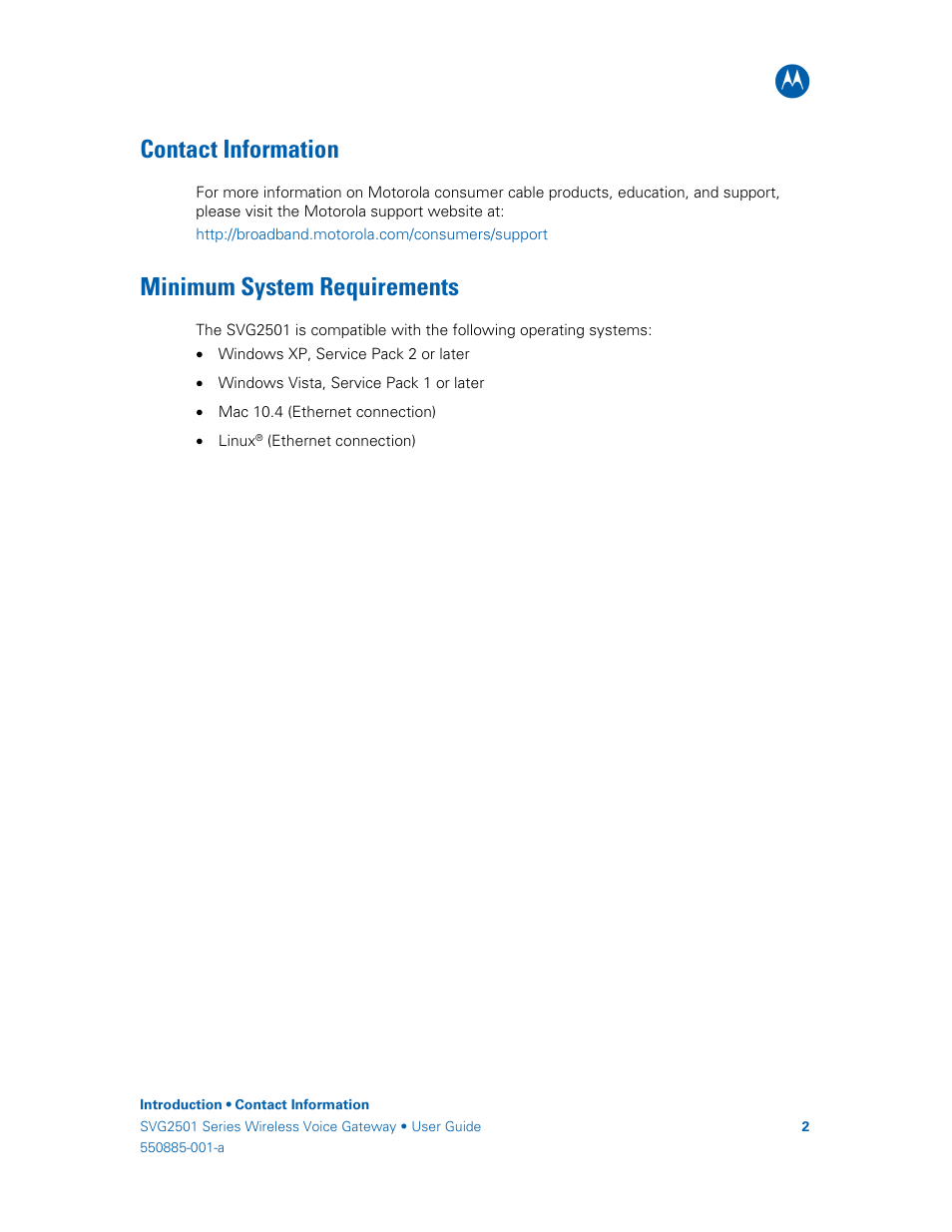 Contact information, Minimum system requirements | Motorola SURFboard SVG2501U User Manual | Page 11 / 34