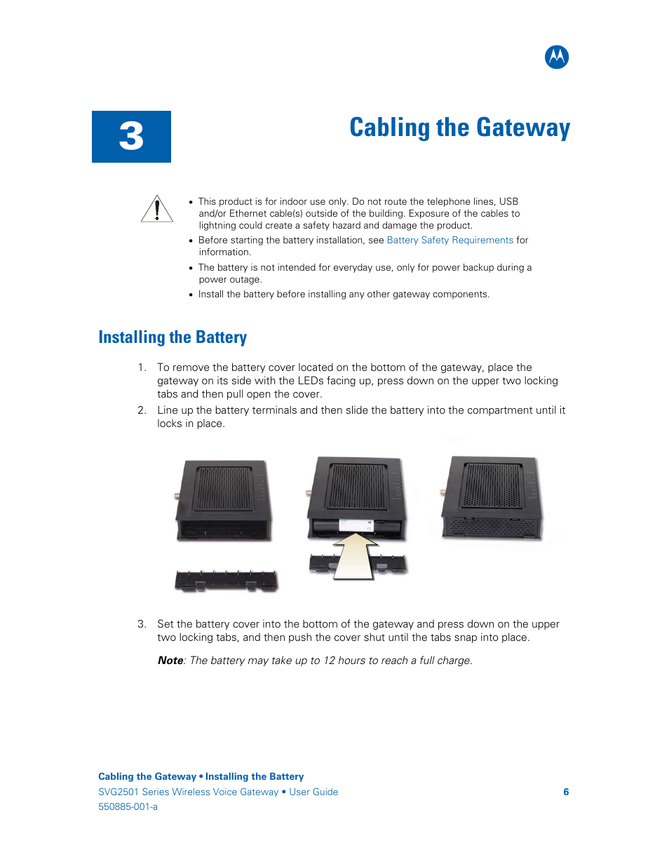 Cabling the gateway, Installing the battery, Connecting the svg2501 | Motorola SURFboard SVG2501U User Manual | Page 15 / 34