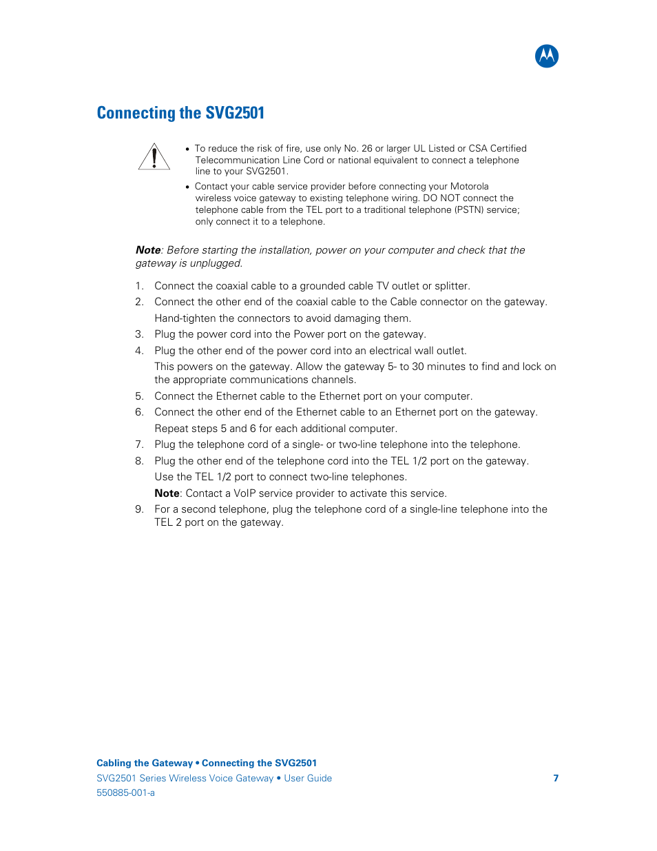 Connecting the svg2501 | Motorola SURFboard SVG2501U User Manual | Page 16 / 34