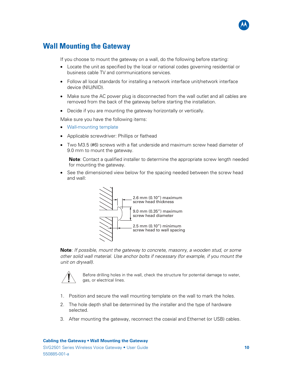 Wall mounting the gateway | Motorola SURFboard SVG2501U User Manual | Page 19 / 34