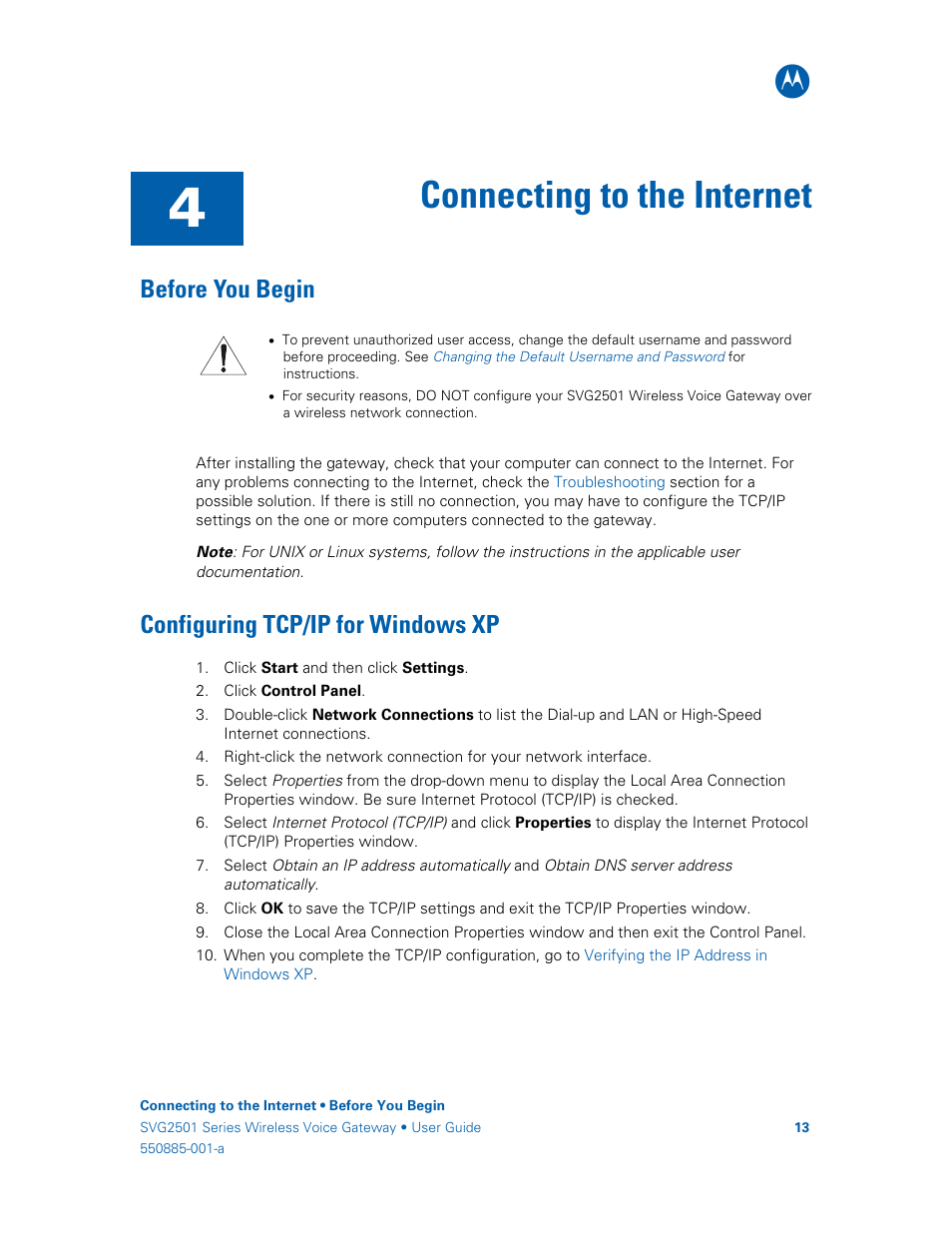 Connecting to the internet, Before you begin, Configuring tcp/ip for windows xp | Motorola SURFboard SVG2501U User Manual | Page 22 / 34