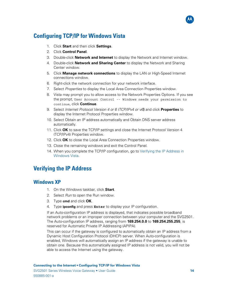 Configuring tcp/ip for windows vista, Verifying the ip address, Windows xp | Verifying the ip address in | Motorola SURFboard SVG2501U User Manual | Page 23 / 34