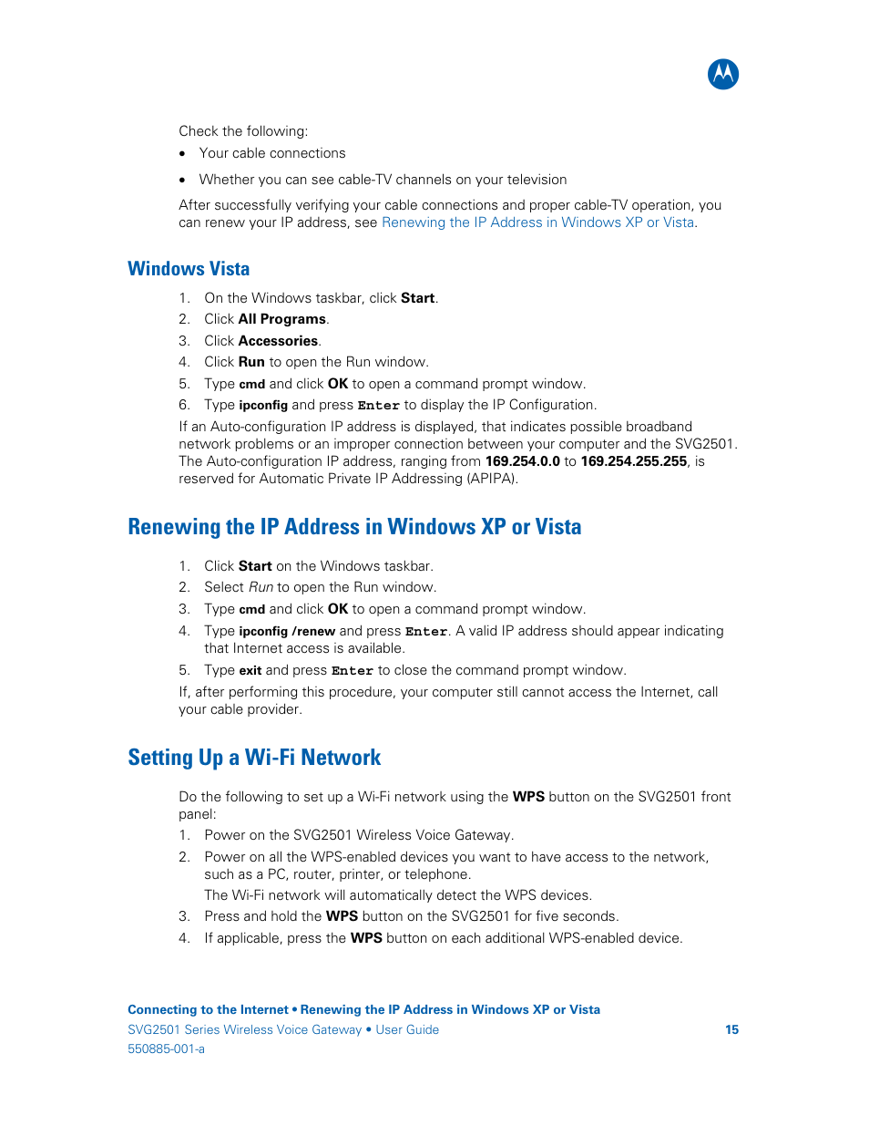 Windows vista, Renewing the ip address in windows xp or vista, Setting up a wi-fi network | Motorola SURFboard SVG2501U User Manual | Page 24 / 34