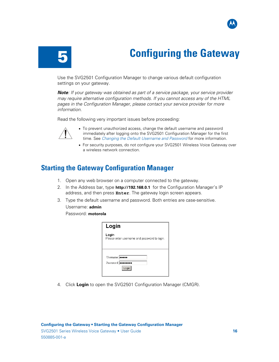 Configuring the gateway, Starting the gateway configuration manager | Motorola SURFboard SVG2501U User Manual | Page 25 / 34