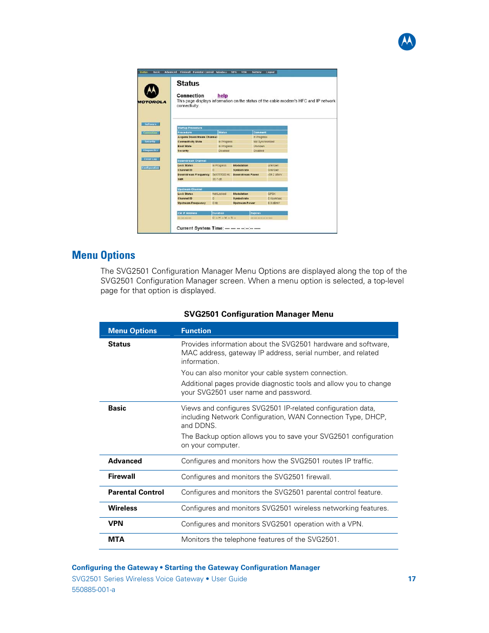 Menu options | Motorola SURFboard SVG2501U User Manual | Page 26 / 34